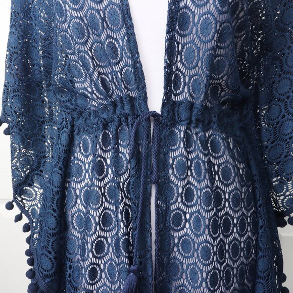 All Threads Cabana Kimono Navy Blue Cover-Up - Pom fringe, Open Tie-Front - Picture 3 of 6